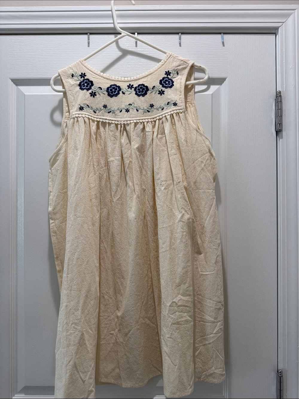 Shein Cream Embroidered Tie Back Sundress with Navy Floral Detail